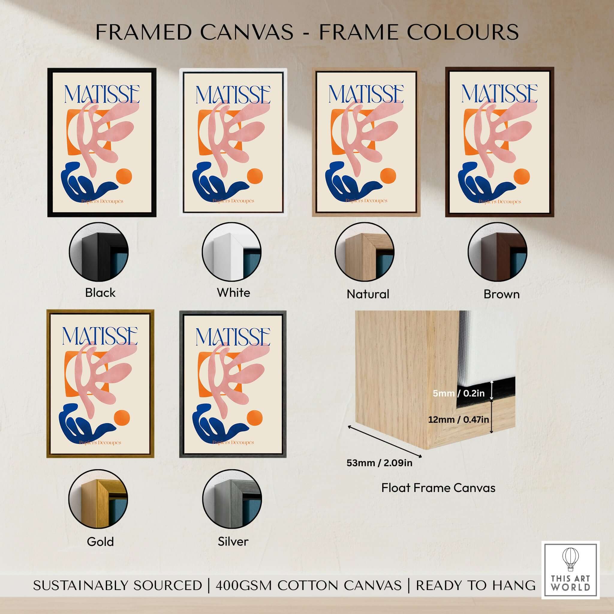 Framed canvas color options for Matisse Papiers Découpés Pink Blue Abstract Art Print including black, white, natural, brown, gold, silver.
