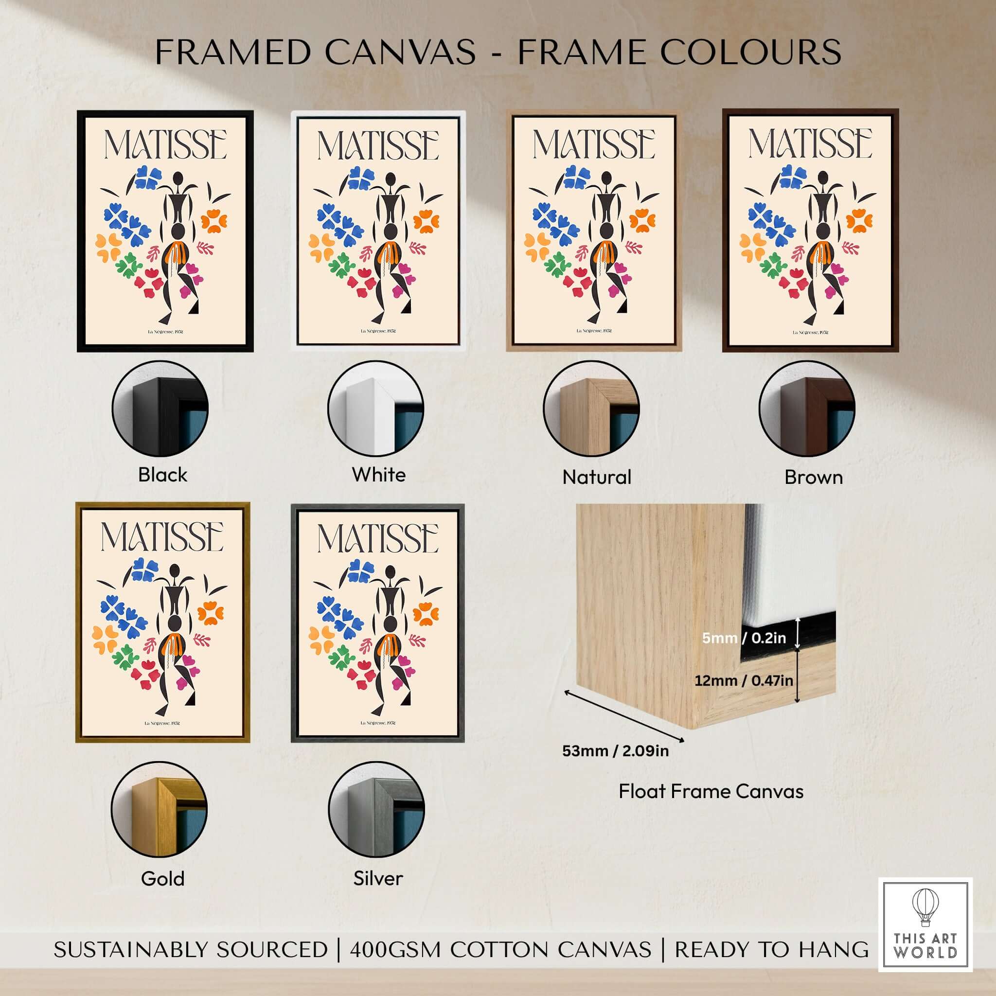 Matisse Art Print - La Négresse 1952 Poster framed canvas options in black, white, natural, brown, gold, and silver.