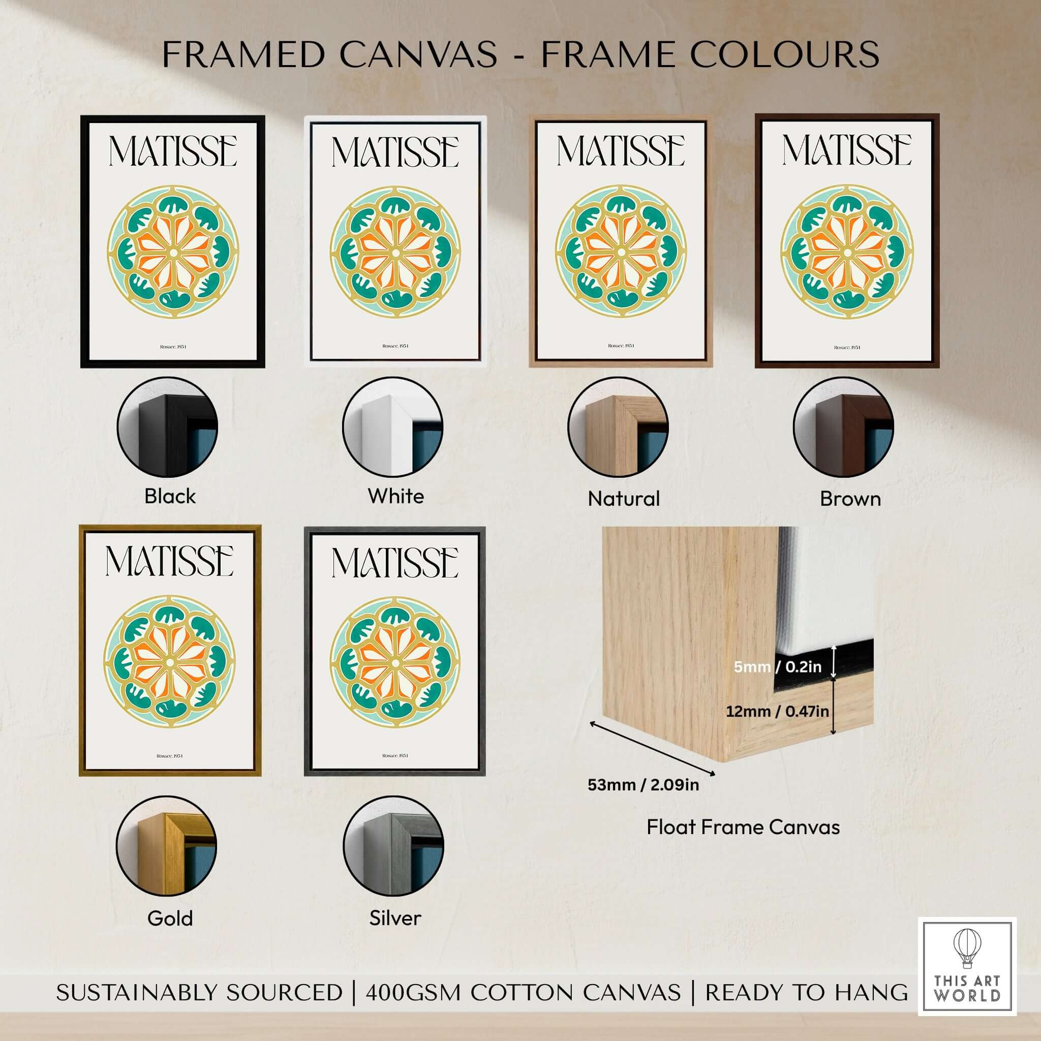 Framed canvas options for Matisse Art Print Rosace 1954 Rose Window Geometric Art Print in various colors and sizes.