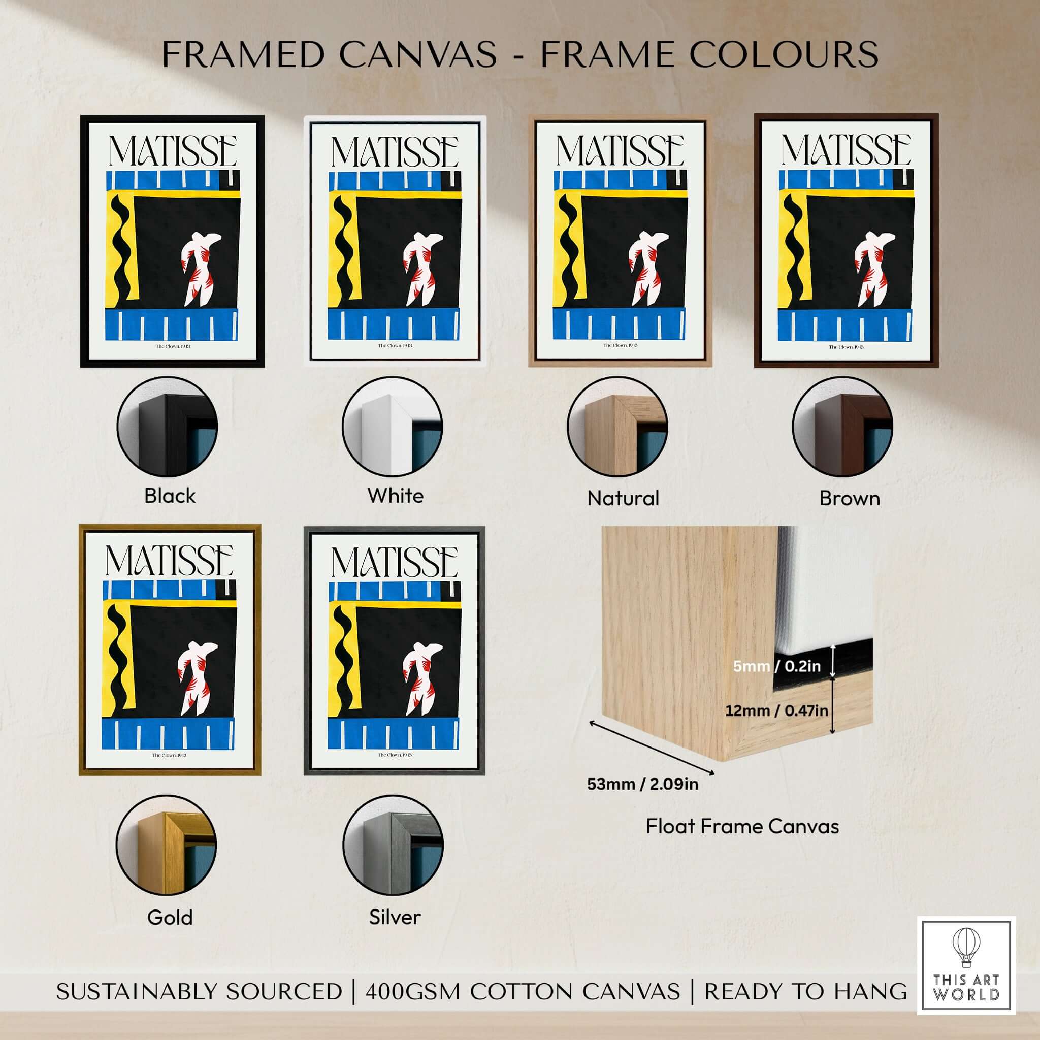 Matisse Art Print - The Clown 1943 Jazz Series Abstract Figure Poster in various framed canvas colors including black, white, and more.