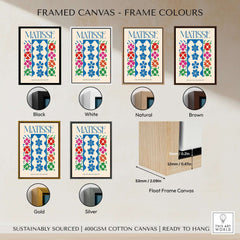 Framed canvas options for Matisse Large Decoration with Masks Vertical Panel Art Print in various colors.