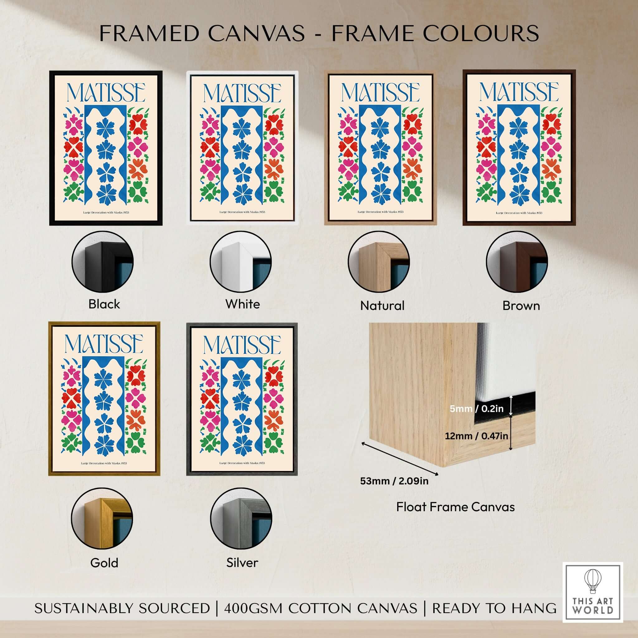 Framed canvas options for Matisse Large Decoration with Masks Vertical Panel Art Print in various colors.