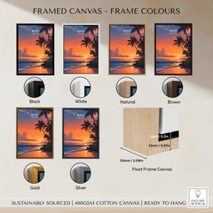 Maui Hawaii Wall Art Print | Tropical Beach Sunset Travel Poster with various frame options displayed.