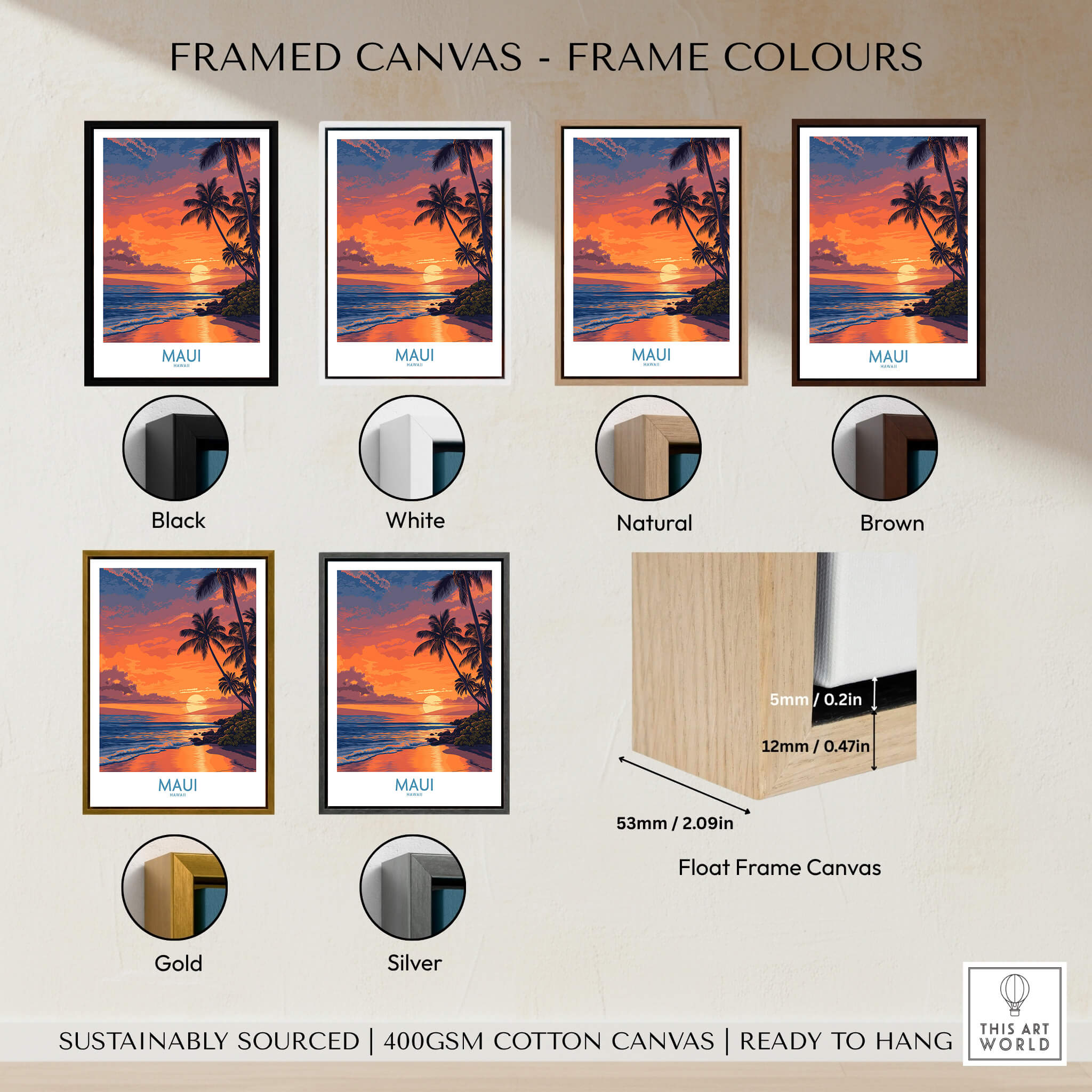 Maui Hawaii Canvas Print | Serene Tropical Beach Landscape Poster framed in various colors for display options.