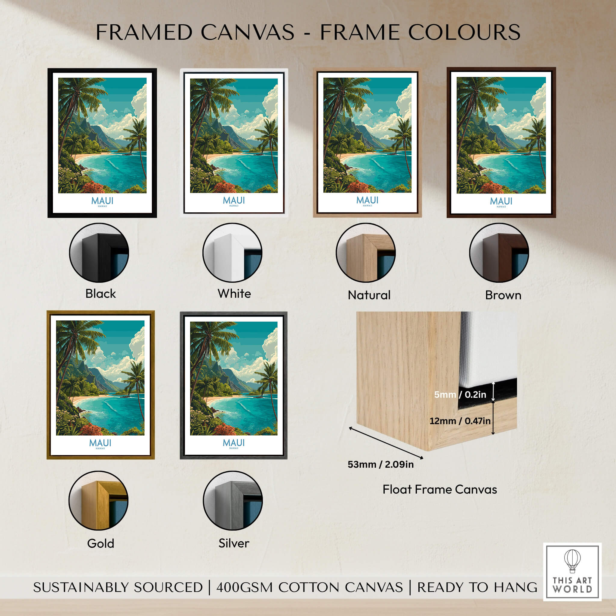 Maui Hawaii Poster | Exotic Island Paradise Shoreline Canvas Print framed options in various colors and sizes.