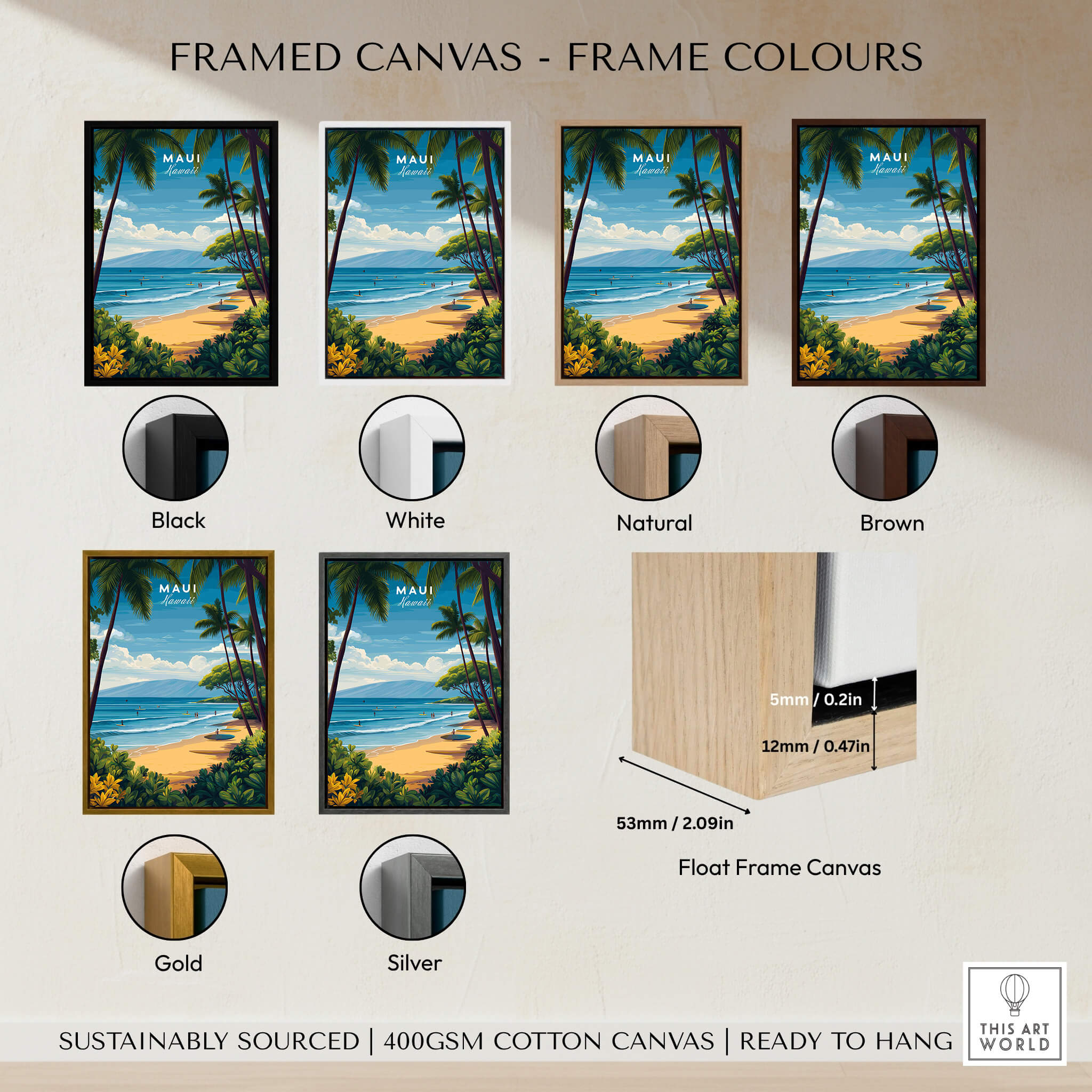 Maui Hawaii Travel Poster | Sunny Surfing Beach Wall Art Print framed in different color options including black, white, natural, brown, gold, and silver.