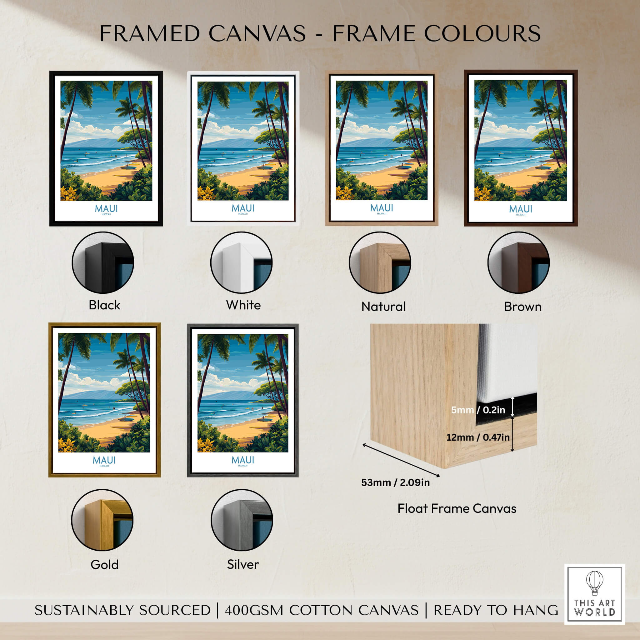 Maui Canvas Print | Hawaii Tropical Palm Trees & Waves Poster framed in various color options including black, white, and gold.