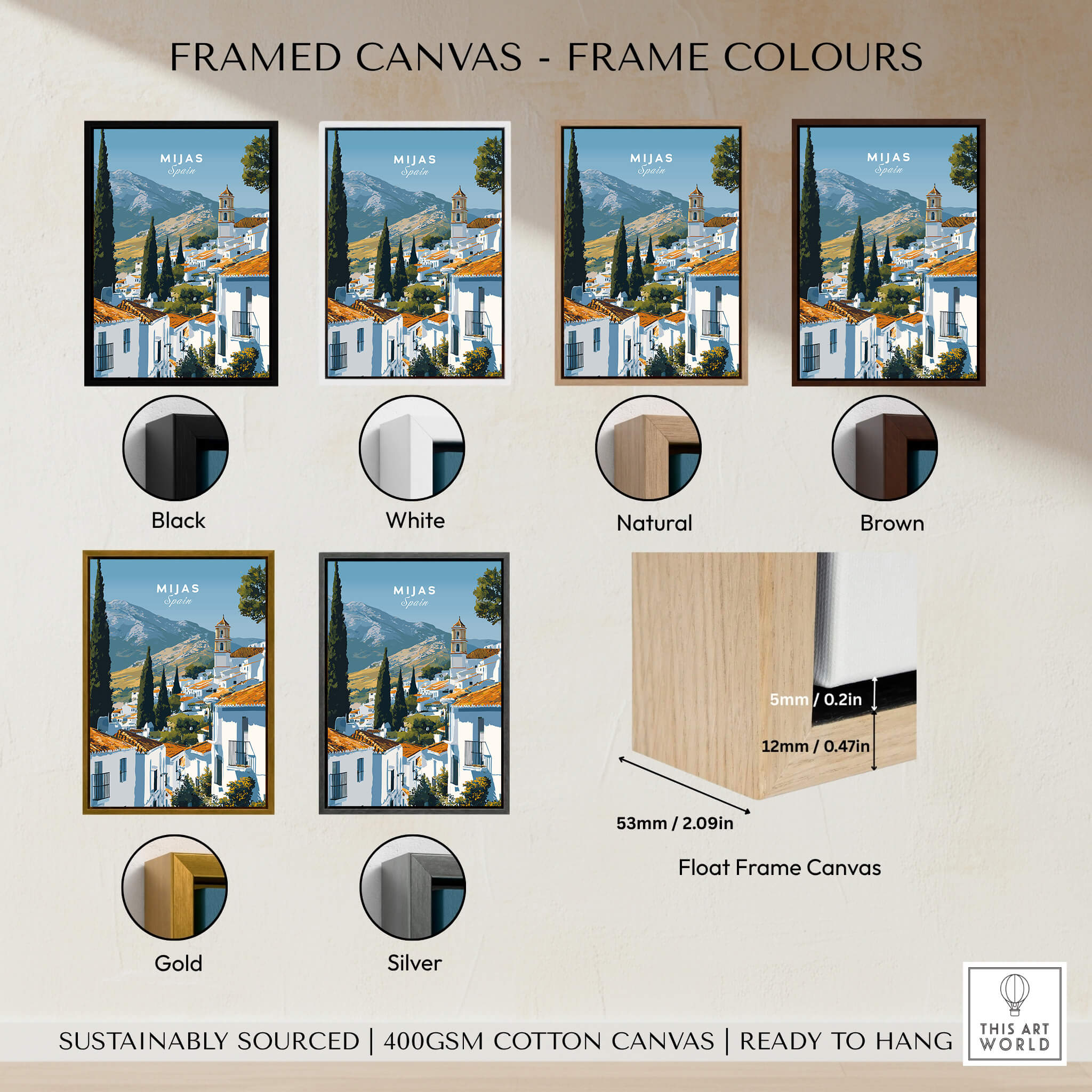 Mijas Spain Wall Art Print | Andalusian White Village Travel Poster framed in various colors and styles.