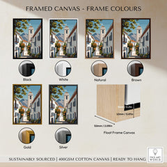 Mijas Spain Travel Poster | Traditional White Street Wall Art Print framed in various colors options including black, white, and natural.