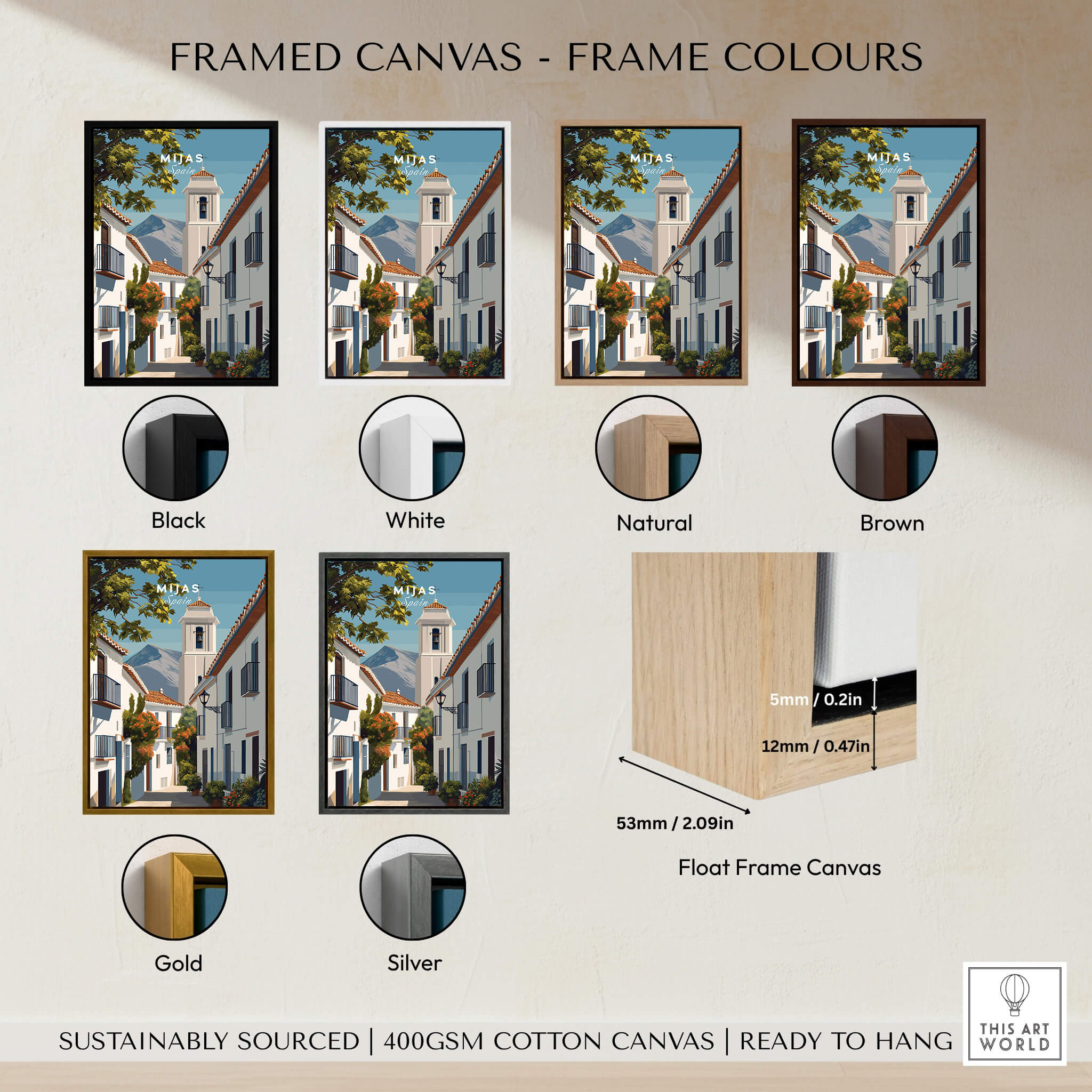 Mijas Spain Travel Poster | Traditional White Street Wall Art Print framed in various colors options including black, white, and natural.