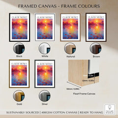Framed canvas options for Claude Monet Vibrant Sunset Water Lilies Wall Art - Lake Reflection Print including various colors.