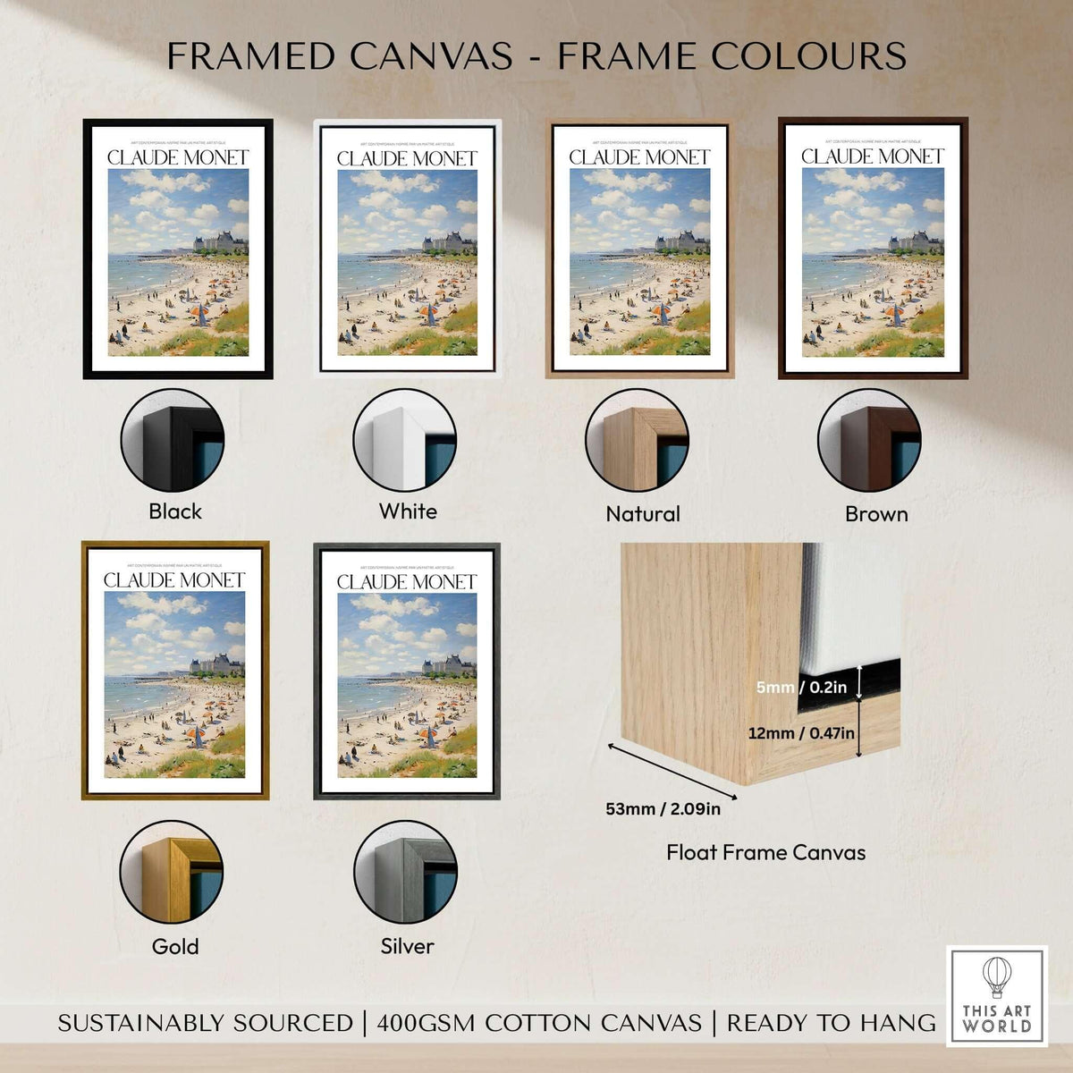 Claude Monet Sunny Beach Day Wall Art - Coastal Resort Scene Print framed in various colors and frame styles.