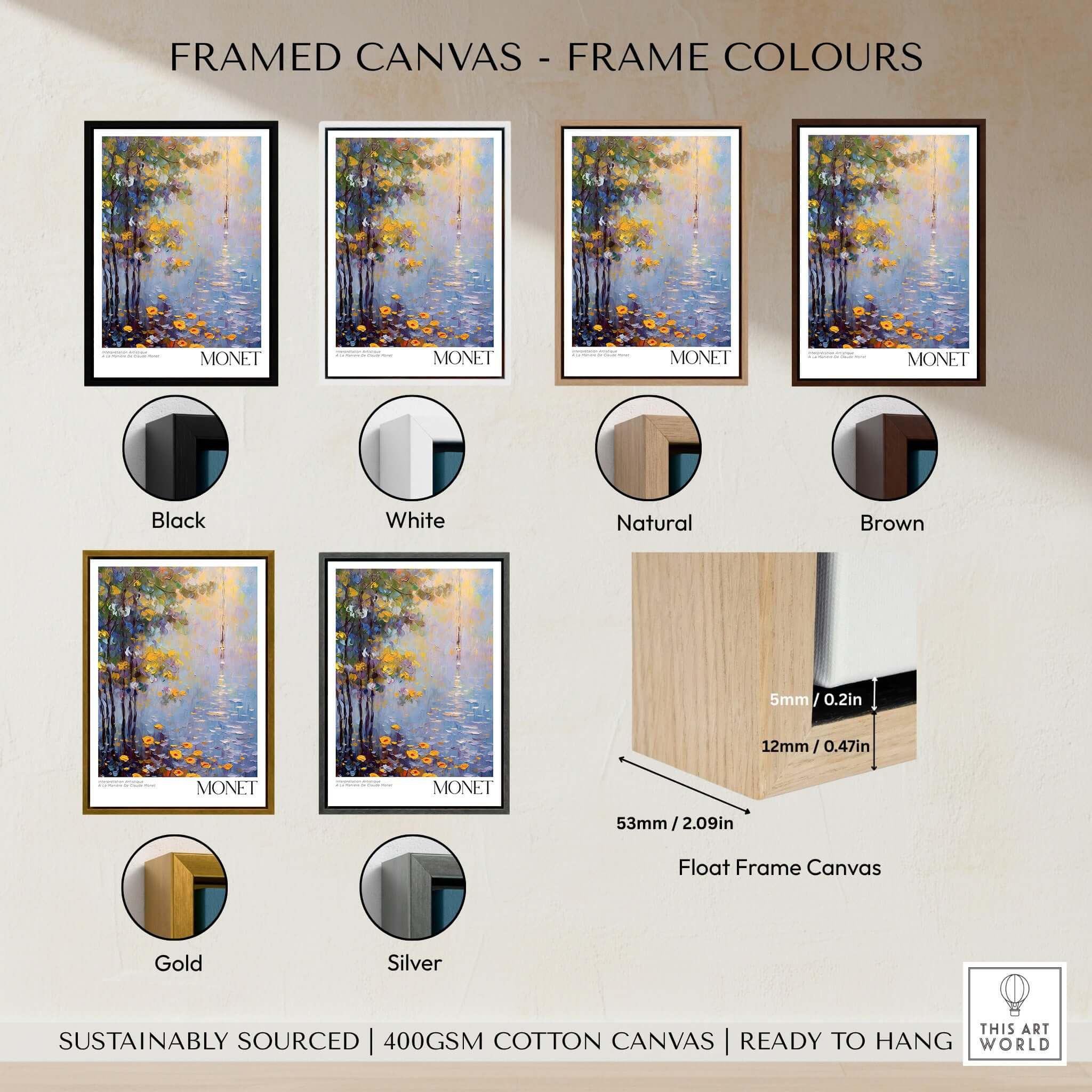 Framed canvas with Claude Monet Art Print - Impressionist Wall Art Poster - Monet Framed Print in various frame colors.