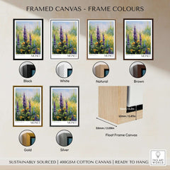 Framed Canvas - Frame Colours showcasing Claude Monet Art Print - Wildflower Meadow Purple Floral Print options.