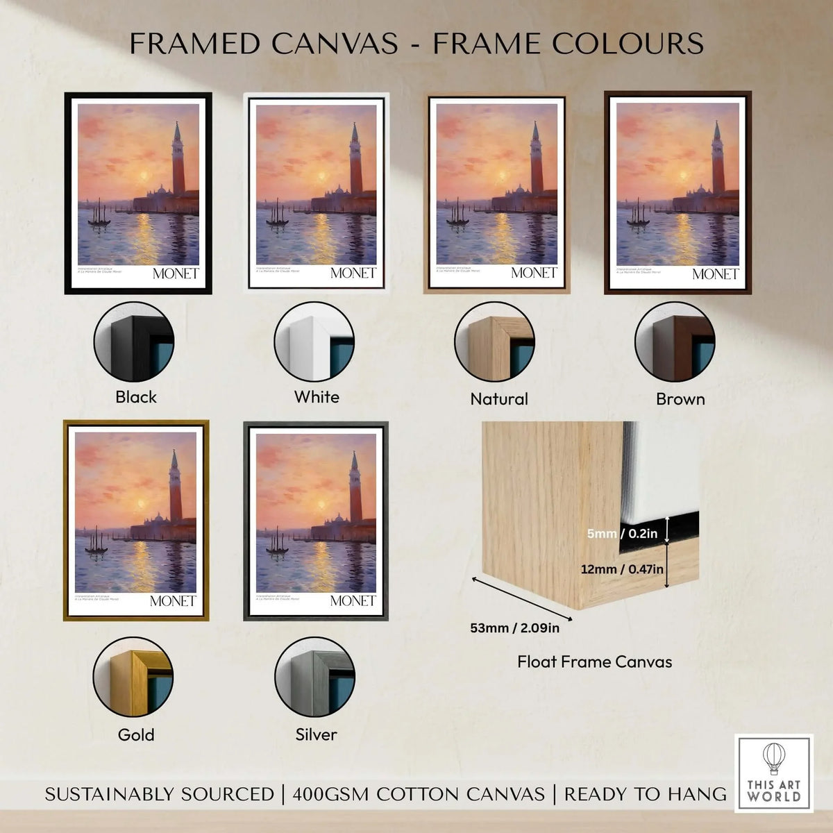 Monet Venice wall art framed canvas options with colors black, white, natural, brown, gold, and silver.