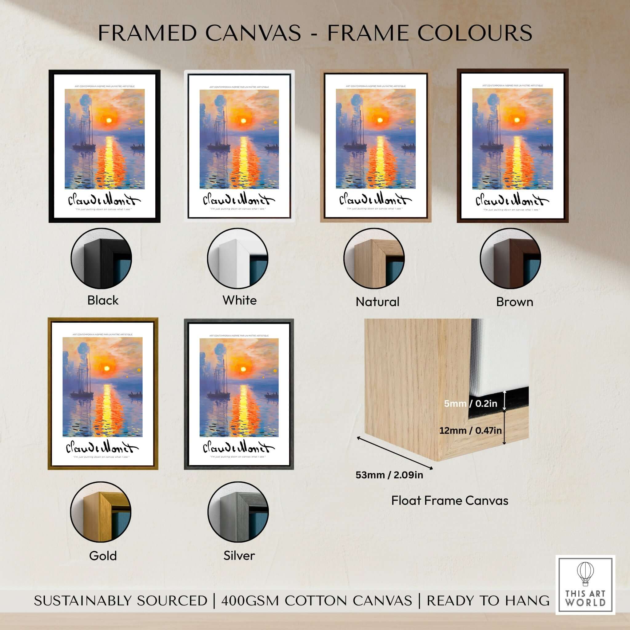 Framed canvas options for Claude Monet Art Print - Impressionist Sunrise Harbor Wall Art in various colors.