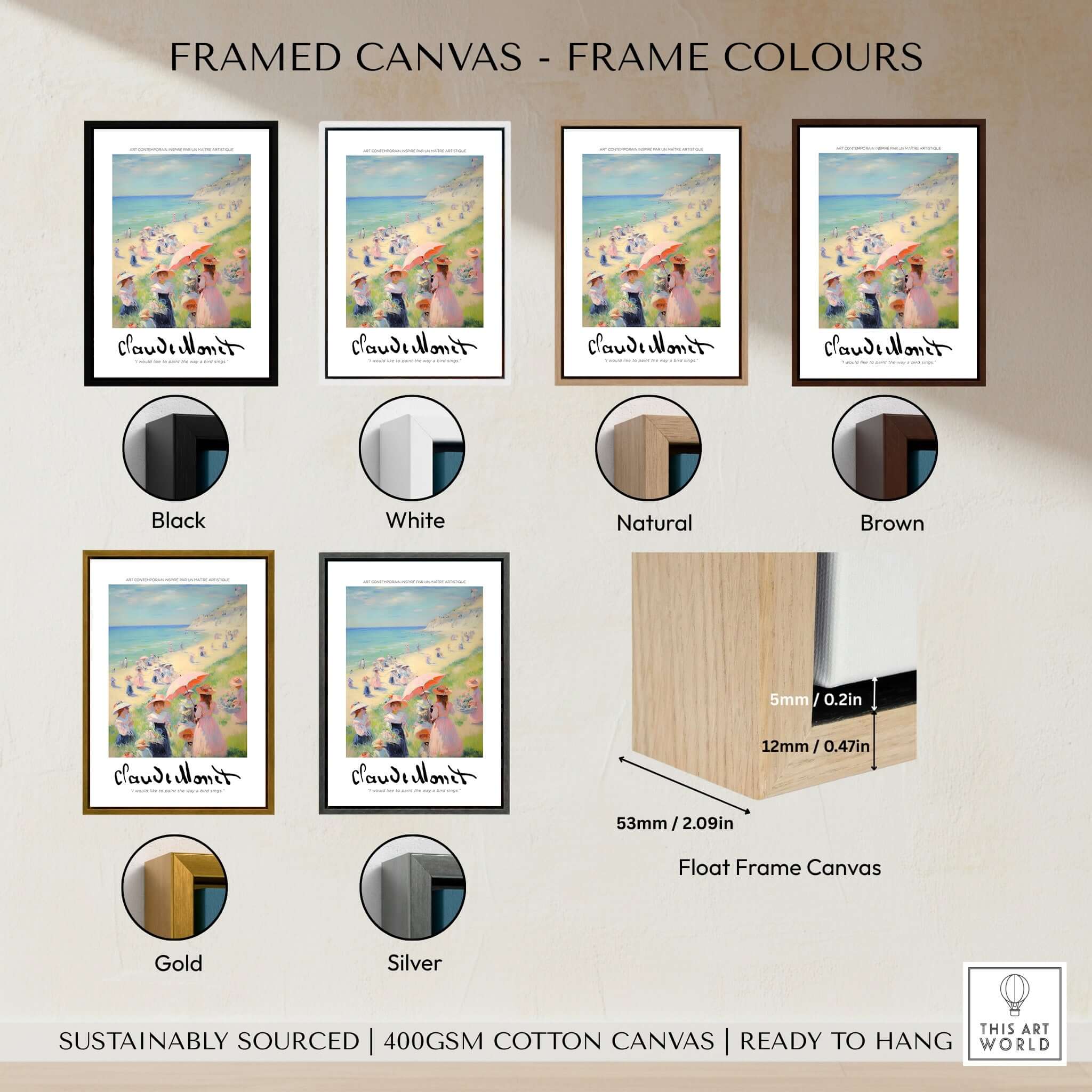 Framed canvas colour options for Claude Monet Art Print - Elegant Seaside Beach Wall Art.