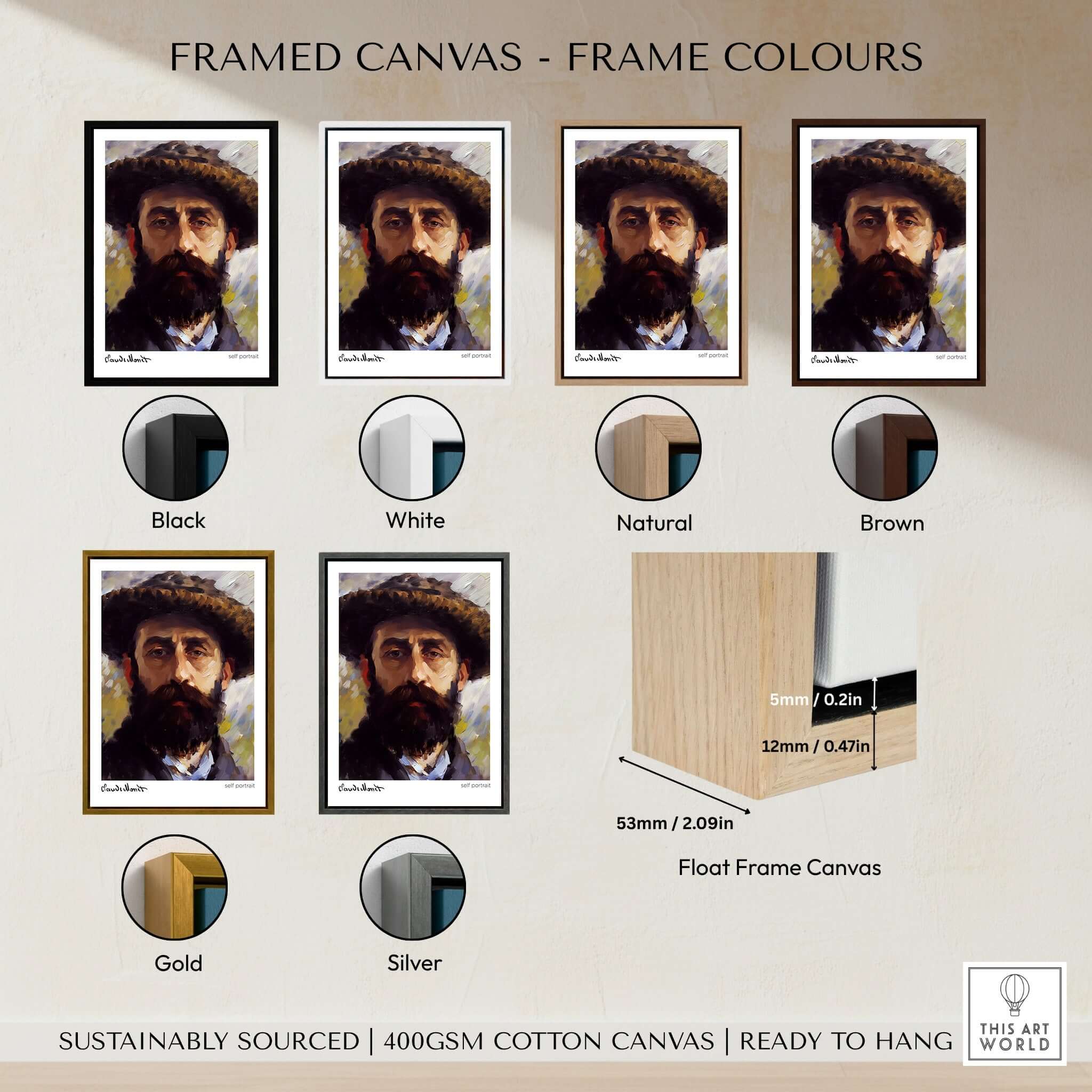 Claude Monet Self Portrait Wall Art - Impressionist Poster Print with various frame colors options.