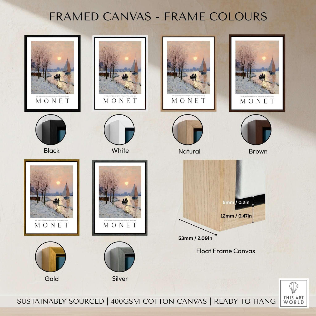 Framed canvas color options for Claude Monet Poster - Winter River Sunset Wall Art - Snow Scene Print with frame dimensions.