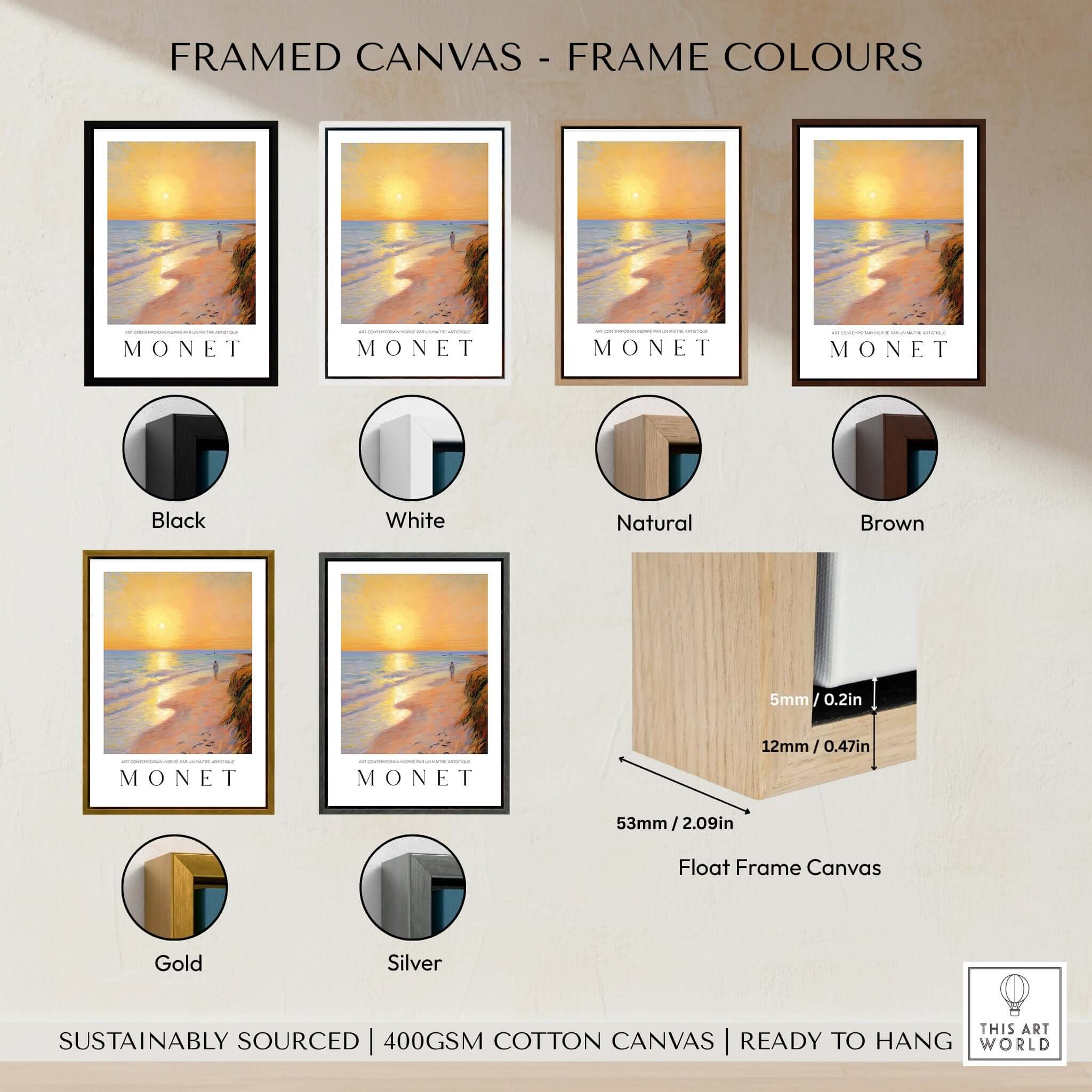 Framed canvas options for Claude Monet Art Print - Golden Hour Beach Stroll Wall Art showcasing frame colors and materials.