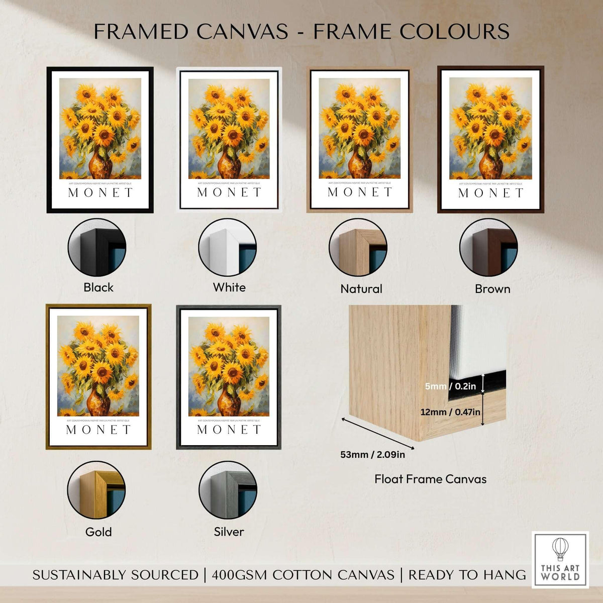 Framed canvas options for Claude Monet Art Print - Radiant Sunflowers in Vase Wall Art in various colors.