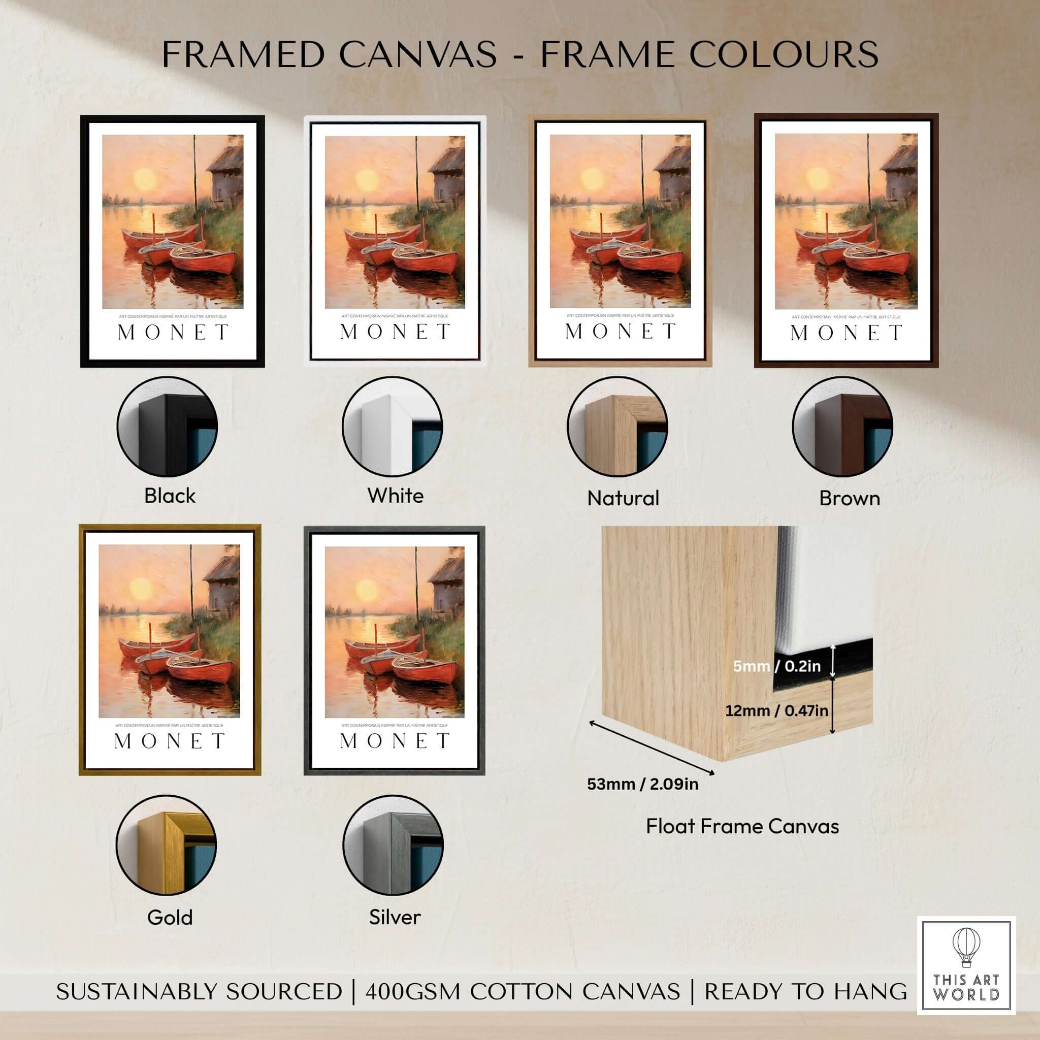 Claude Monet Art Print - Red Boats at Sunset Riverbank Wall Art framed canvas color options and dimensions.