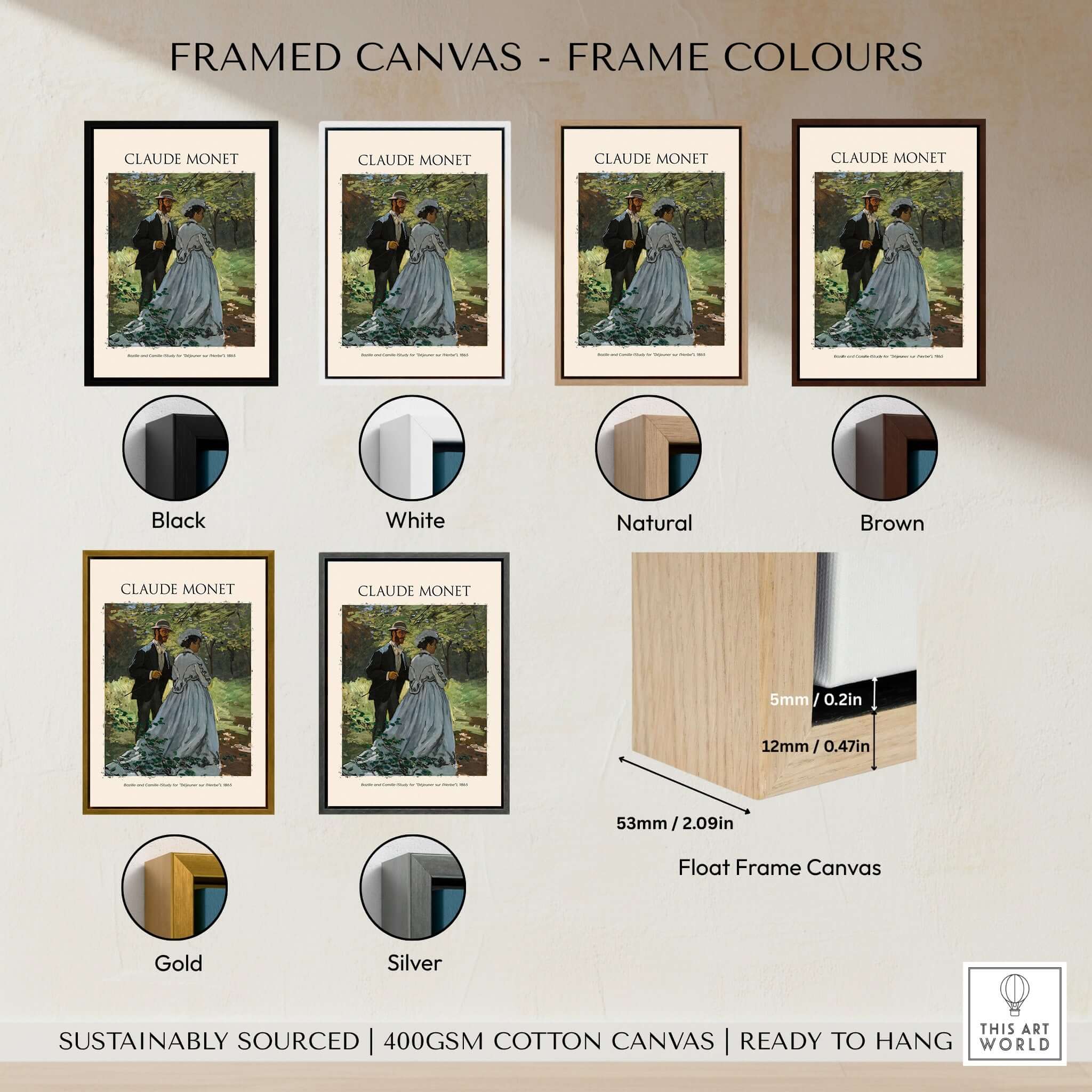 Framed canvas color options for Claude Monet art prints including black, white, natural, brown, gold, and silver.