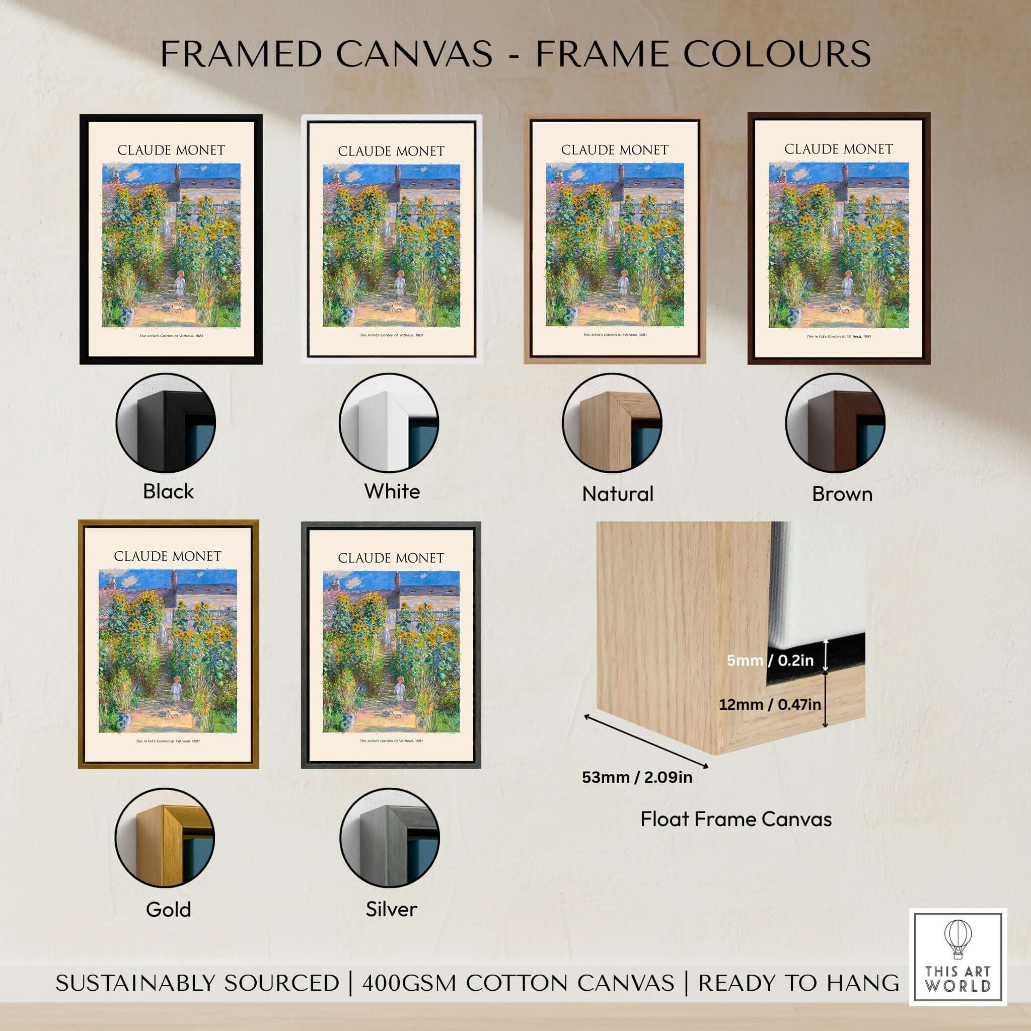 Framed canvas options for Monet Artists Garden at Vétheuil Sunflowers Impressionist Art Print Poster in various colors.