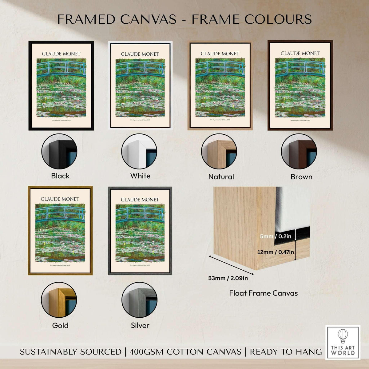 Monet Japanese Footbridge Water Lilies Giverny Garden Poster Art Print displayed in different frame colors including black, white, natural, brown, gold, and silver.