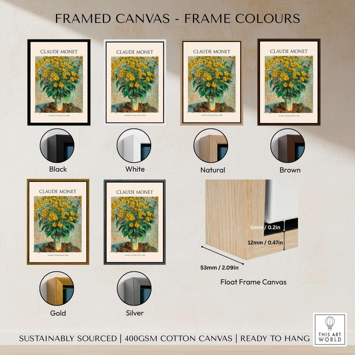 Monet Jerusalem Artichoke Flowers Still Life Floral Art Print Poster framed in various frame colors including black, white, and gold.