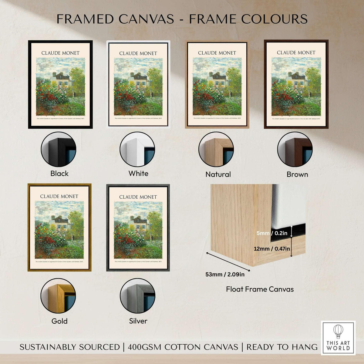 Monet Artists Garden Argenteuil Dahlias Floral Impressionist Poster Art Print showcasing frame color options for display.