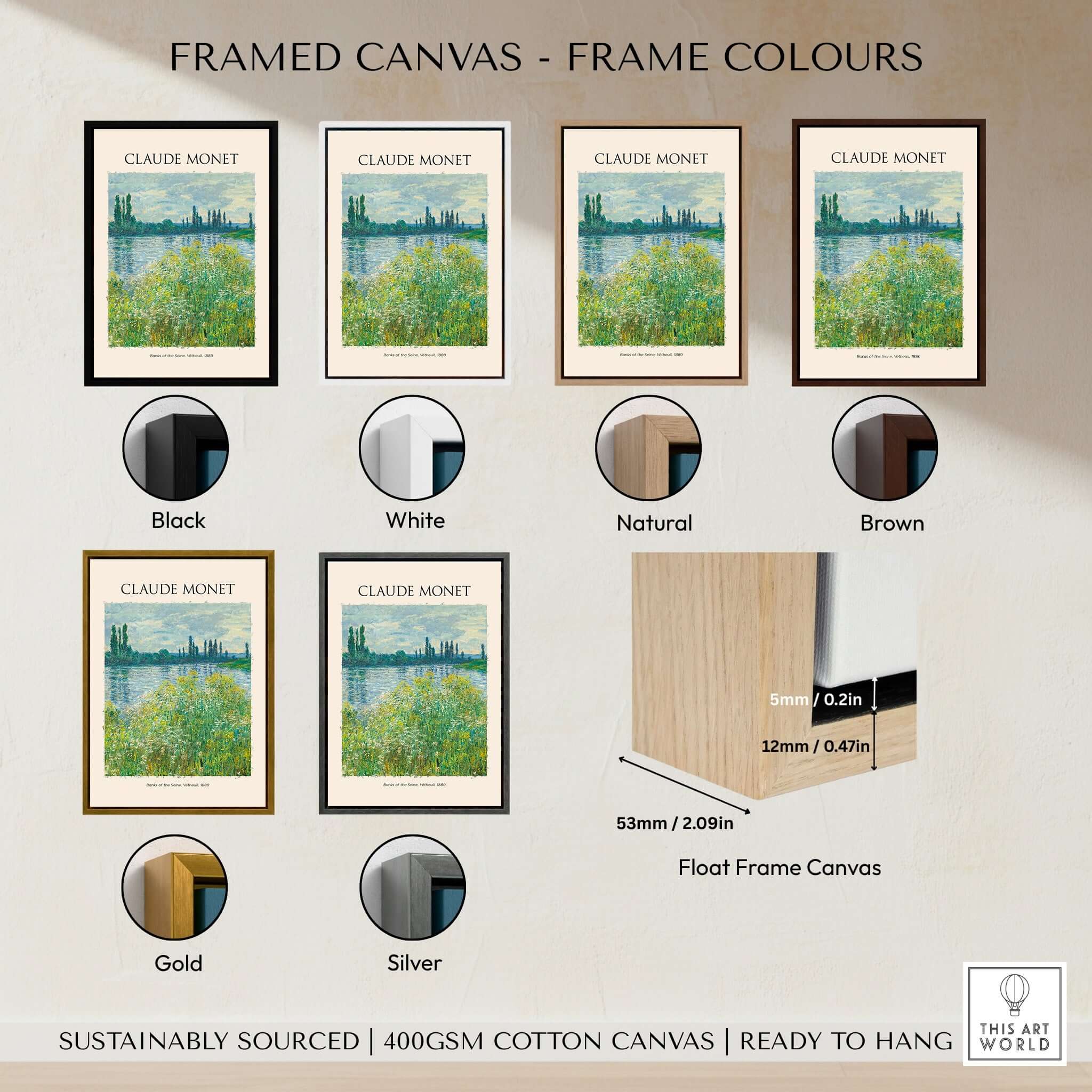 Framed canvas color options for Monet Banks of the Seine Vétheuil River Landscape Art Print Poster in various frames.