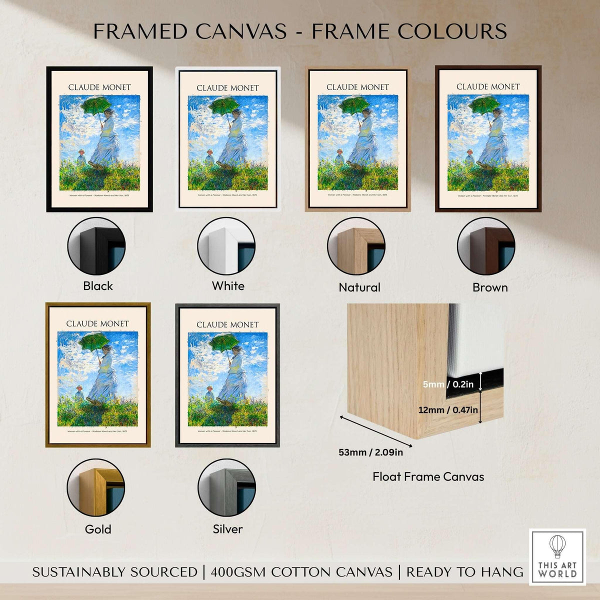 Monet Woman with Parasol Madame Monet Son Impressionist Art Print Poster framed in various colors, showcasing frame options.