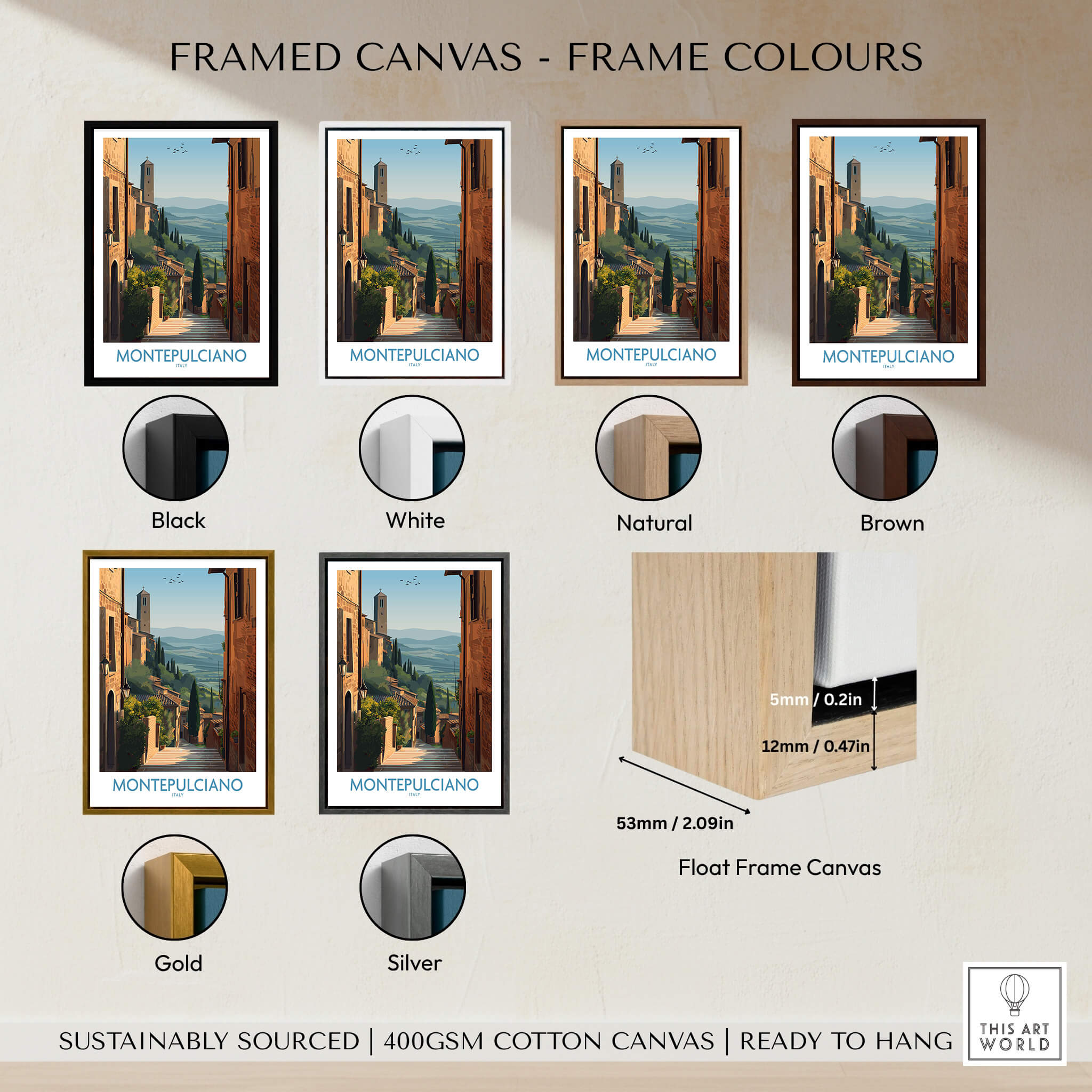 Montepulciano Italy Poster | Tuscany Landscape Vineyard Canvas Print framed in various colors options.