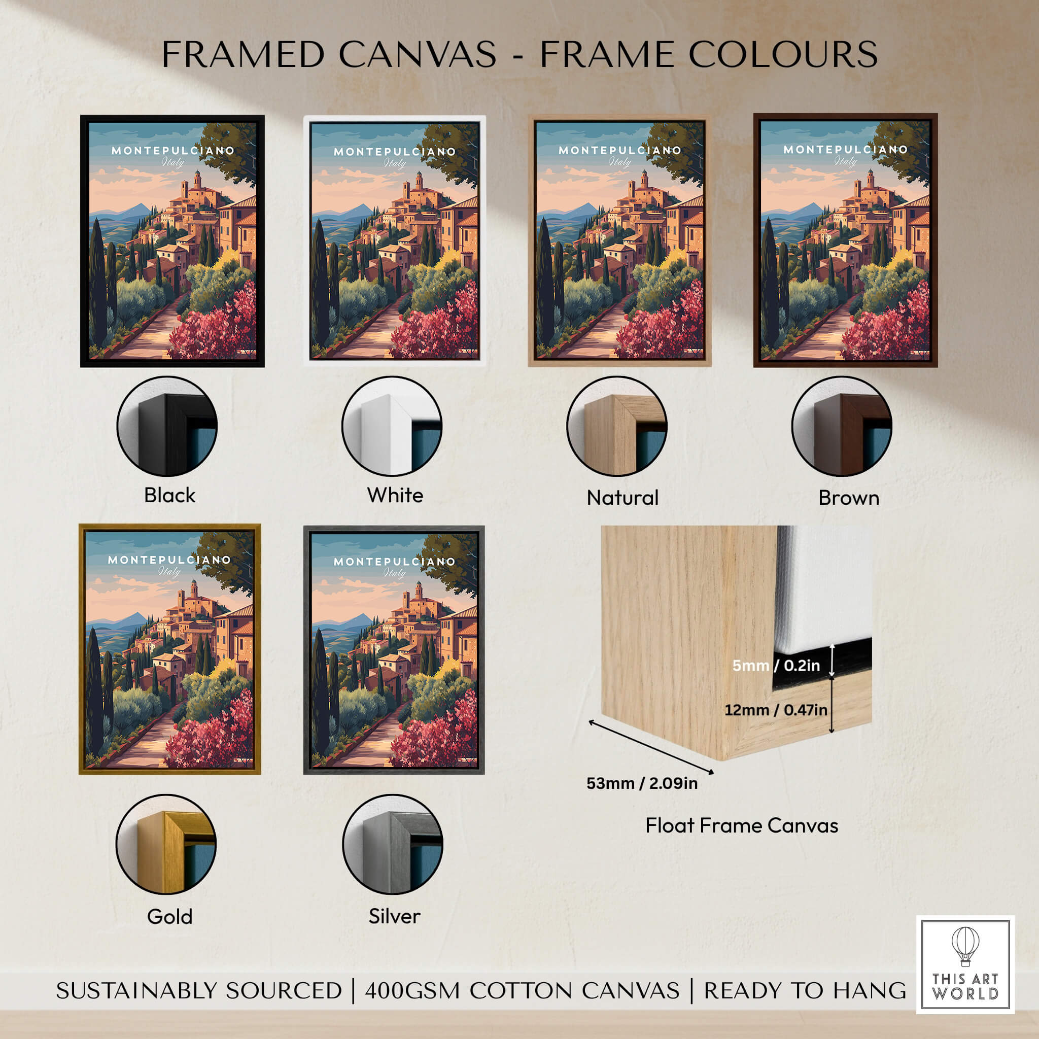 Montepulciano Italy Travel Poster | Tuscan Sunset Wall Art Print framed in various colors: black, white, natural, brown, gold, silver.