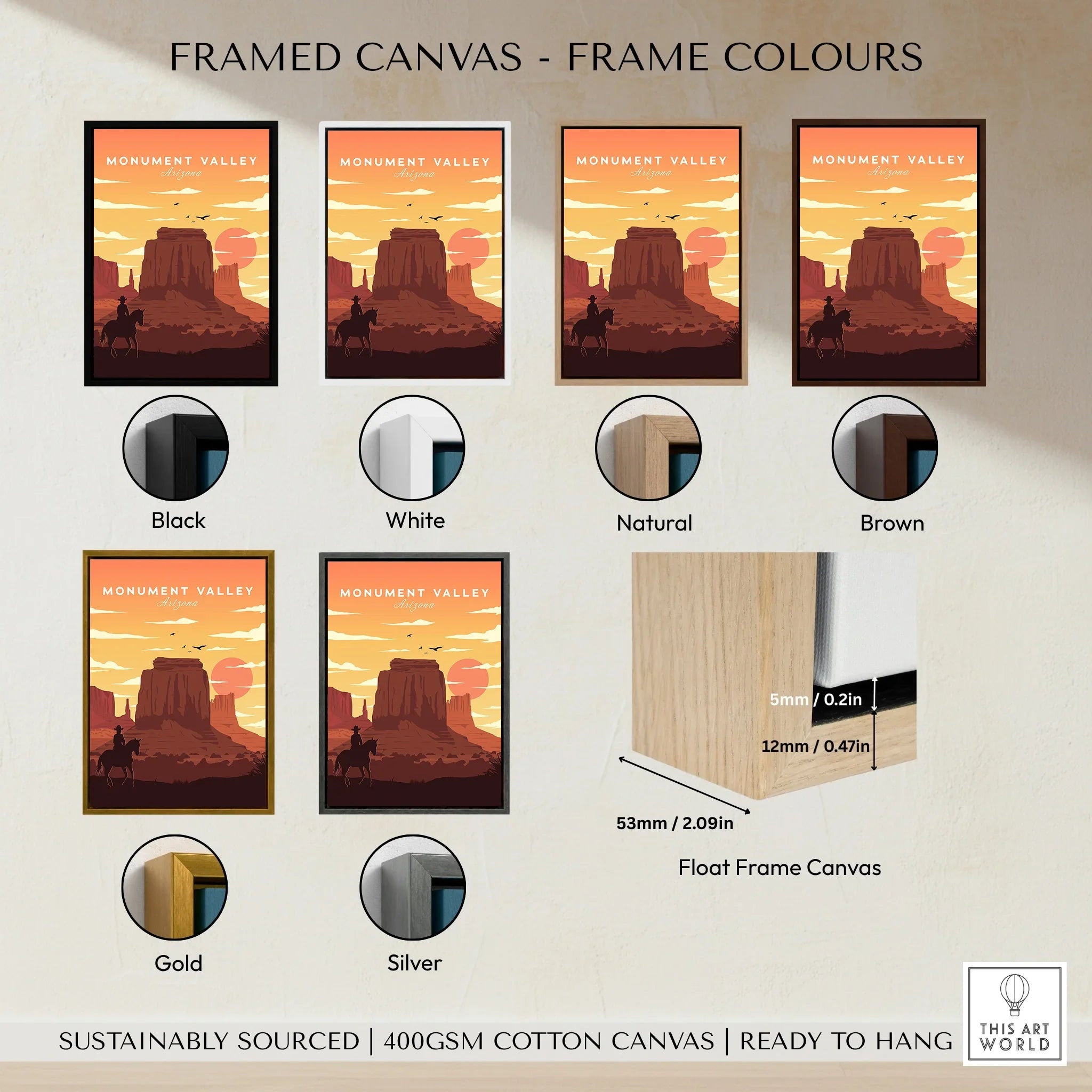 Monument Valley Arizona framed canvas wall art in six frame color options: black, white, natural, brown, gold, silver.