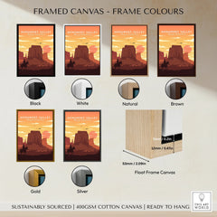Monument Valley travel poster with six frame color options: black, white, natural, brown, gold, silver.