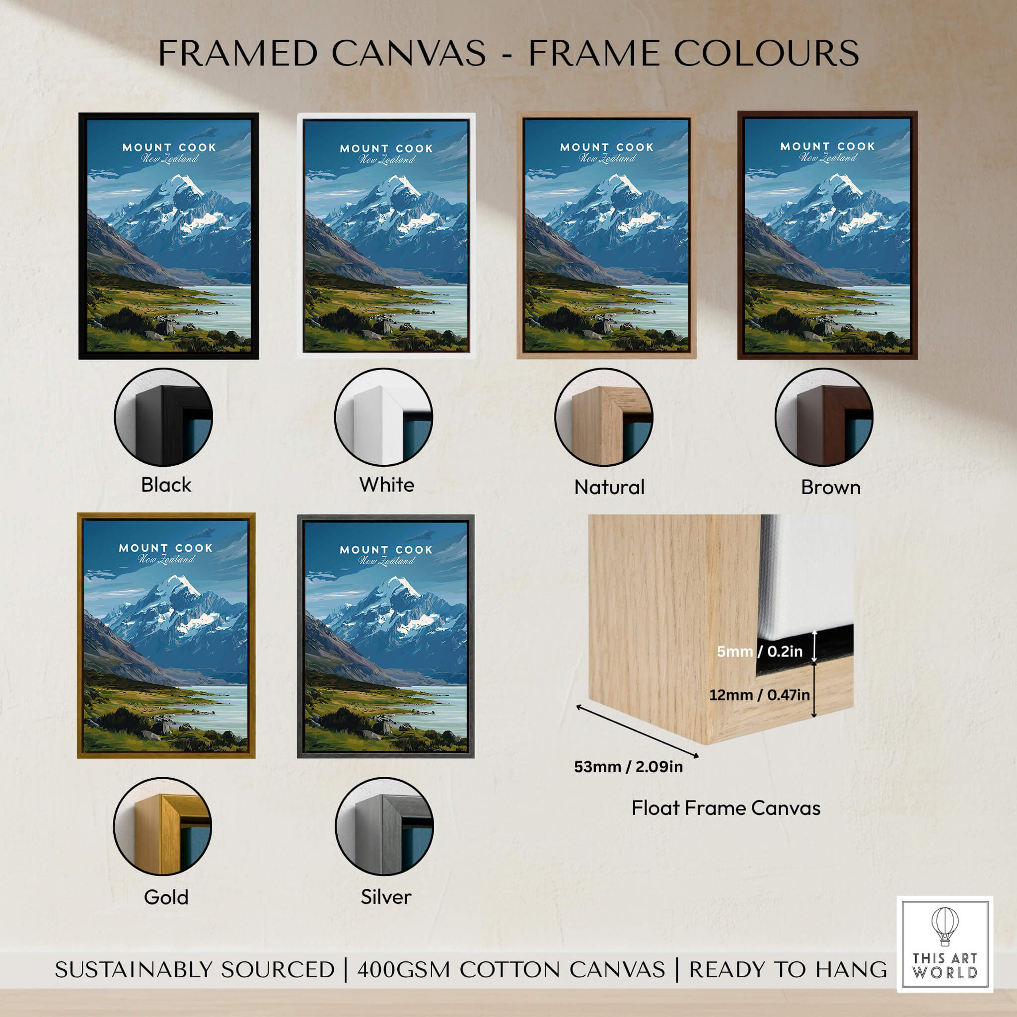 Mount Cook New Zealand Wall Art Print | Aoraki National Park Travel Poster framed canvas options in various colors.