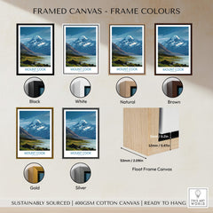 Mount Cook New Zealand Poster | Southern Alps Mountain Canvas Print framed color options including black, white, natural, brown, gold, and silver.