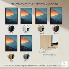 Mount Etna travel poster wall art in black, white, natural, brown, gold, and silver frame options