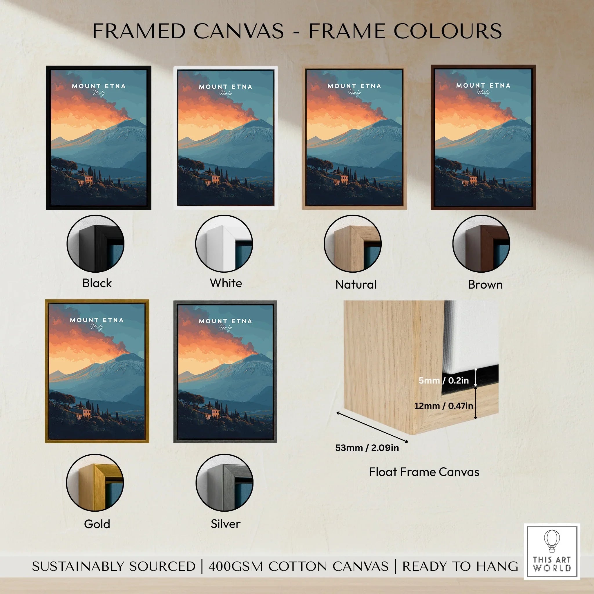Mount Etna travel poster wall art in black, white, natural, brown, gold, and silver frame options