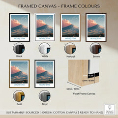 Mount Etna travel poster framed canvas in six frame color options: black, white, natural, brown, gold, silver.