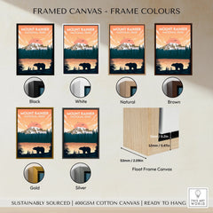 Framed Mount Rainier National Park canvas print with six frame color options and size details.