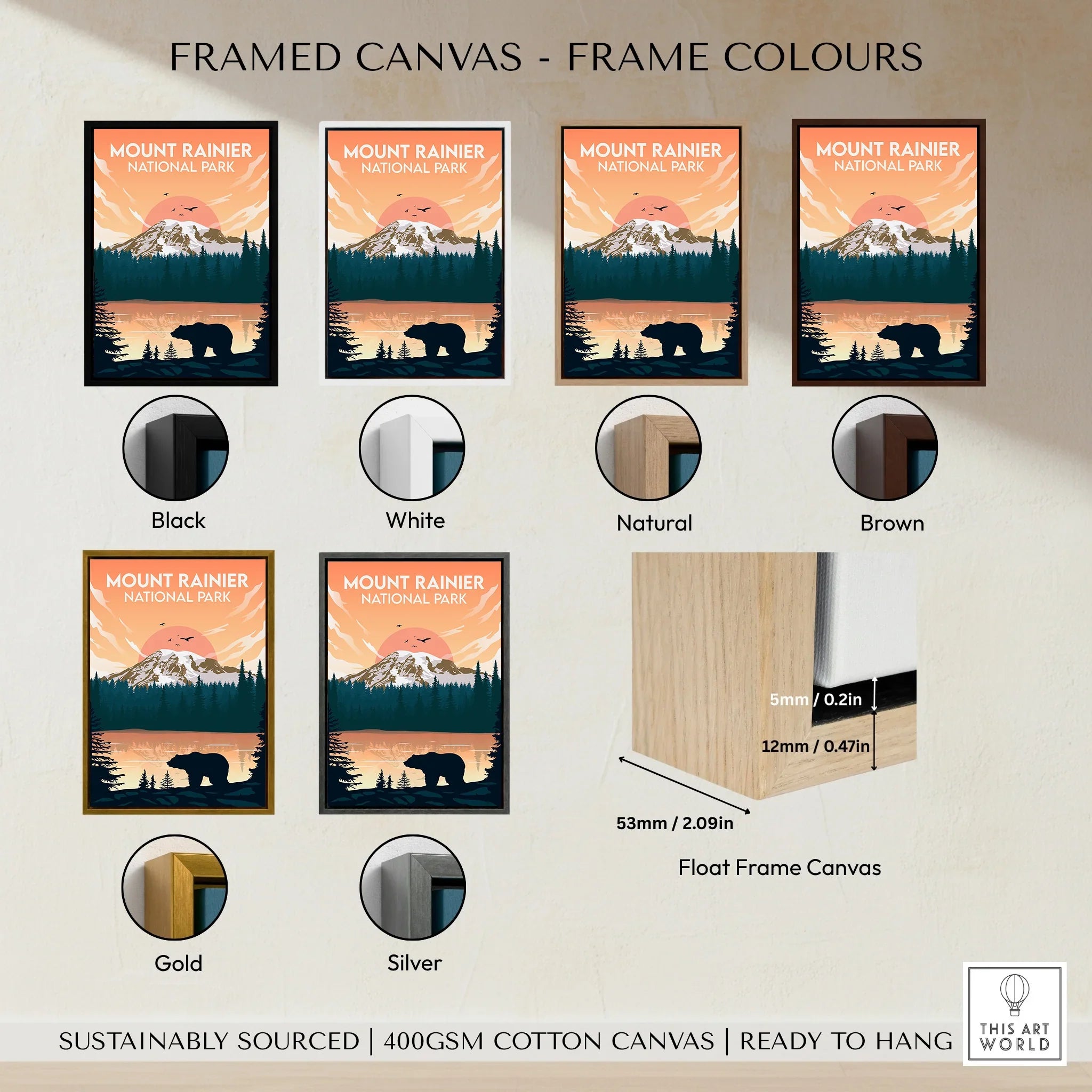 Framed Mount Rainier National Park canvas print with six frame color options and size details.
