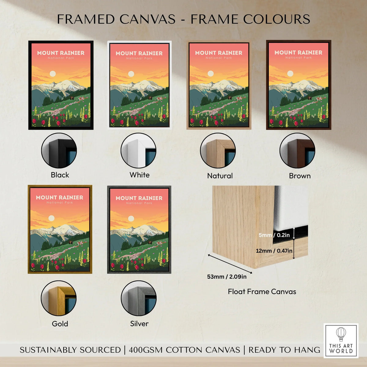 Mount Rainier National Park travel poster on framed canvas, six frame color options shown.
