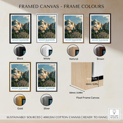 Framed canvas options for Mount Rushmore Poster | Black Hills National Memorial Canvas Print in various colors.