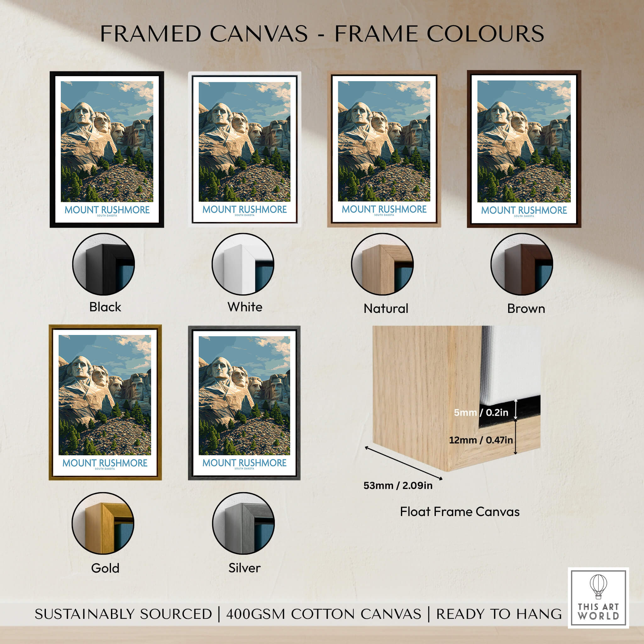 Framed canvas options for Mount Rushmore Poster | Black Hills National Memorial Canvas Print in various colors.