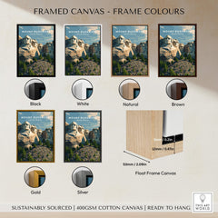 Mount Rushmore Wall Art Print | American Landmark Travel Poster framed in various colors including black, white, natural, brown, gold, and silver.