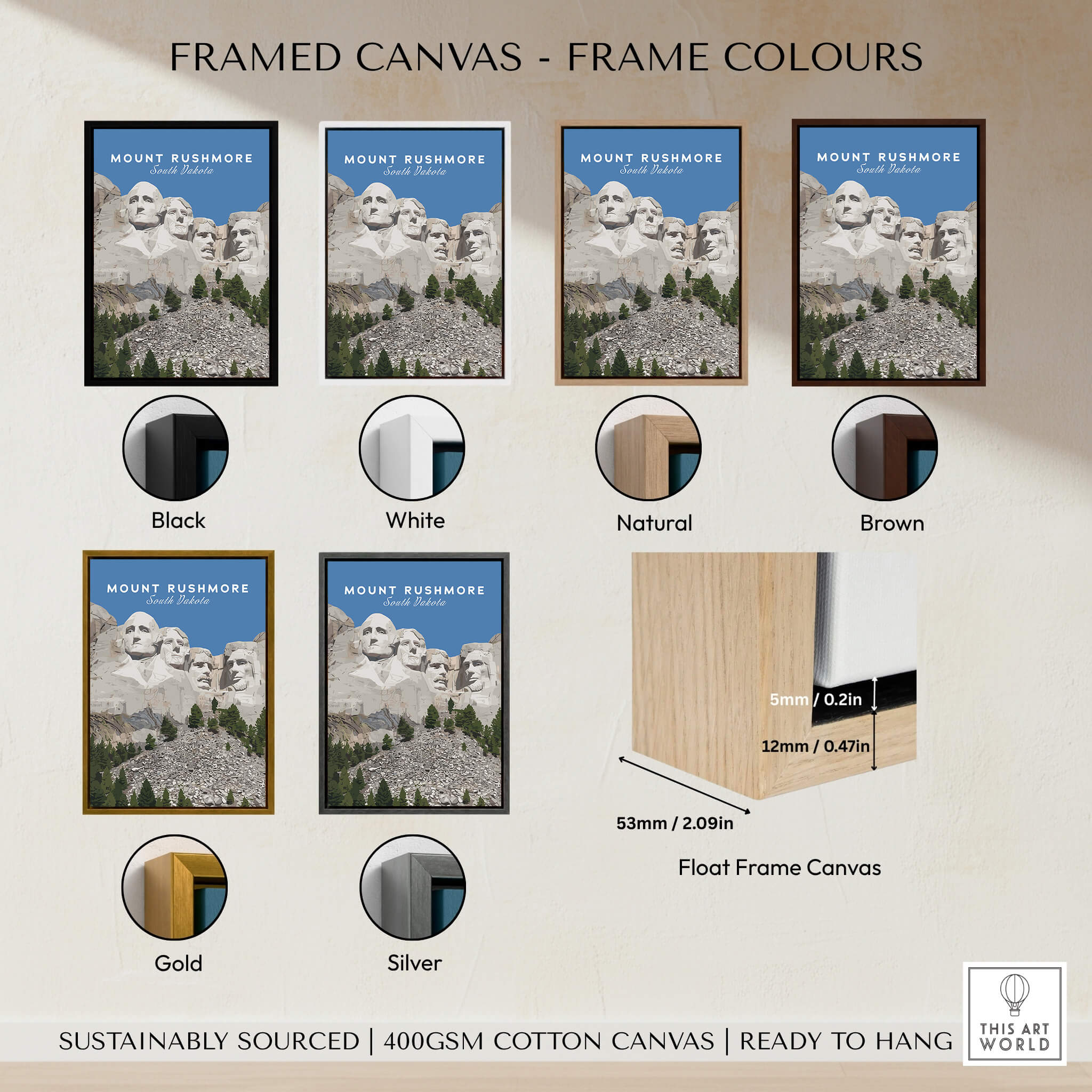 Framed Mount Rushmore Print | National Memorial Wall Art in various frame colors including black, white, natural, brown, gold, and silver.