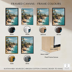 Nerja Spain Wall Art Print | Mediterranean Travel Poster framed canvas color options including black, white, natural, brown, gold, silver.